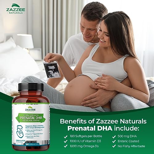 Zazzee Extra Strength Prenatal DHA 500 mg, 180 Enteric Coated Softgels, 1000 mg Omega 3’s